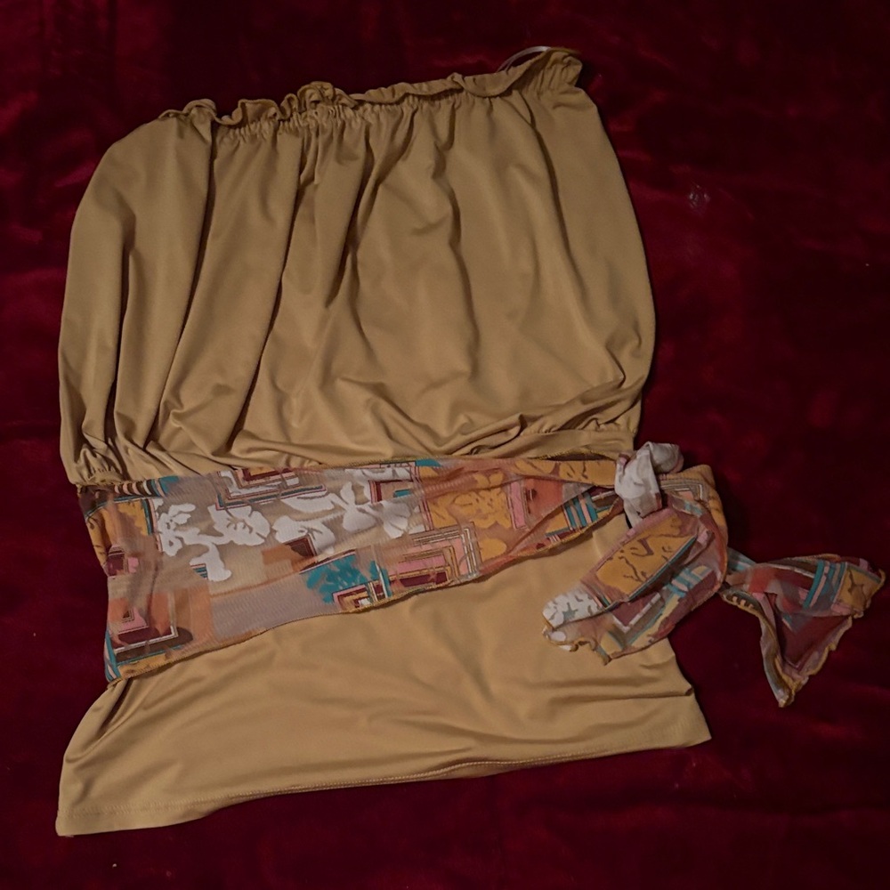 Beige/mustard color Strapless Top with Patterned Sash